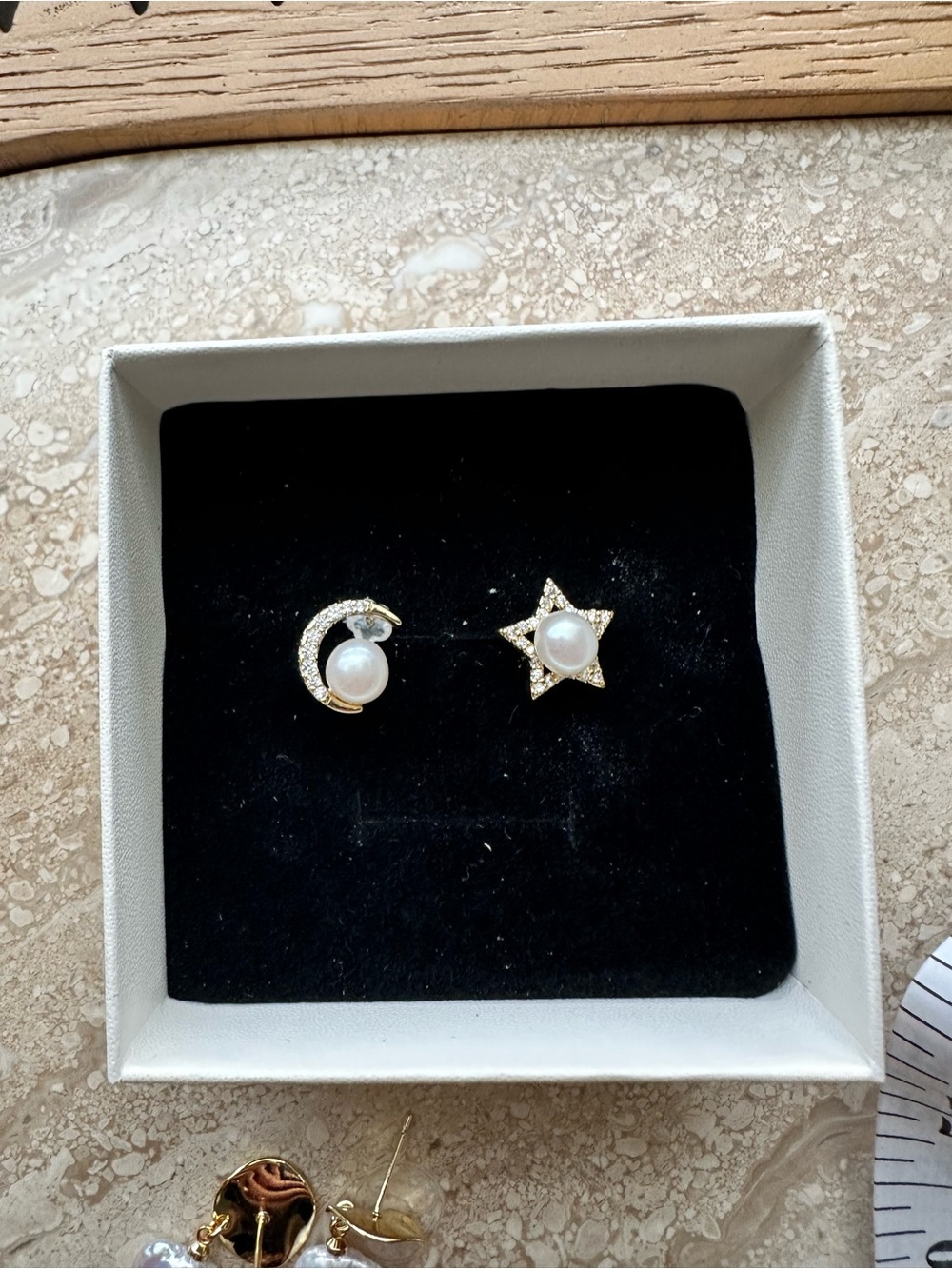 Gold Moon and Star Genuine Pearl Stud Earrings - Women's Jewelry